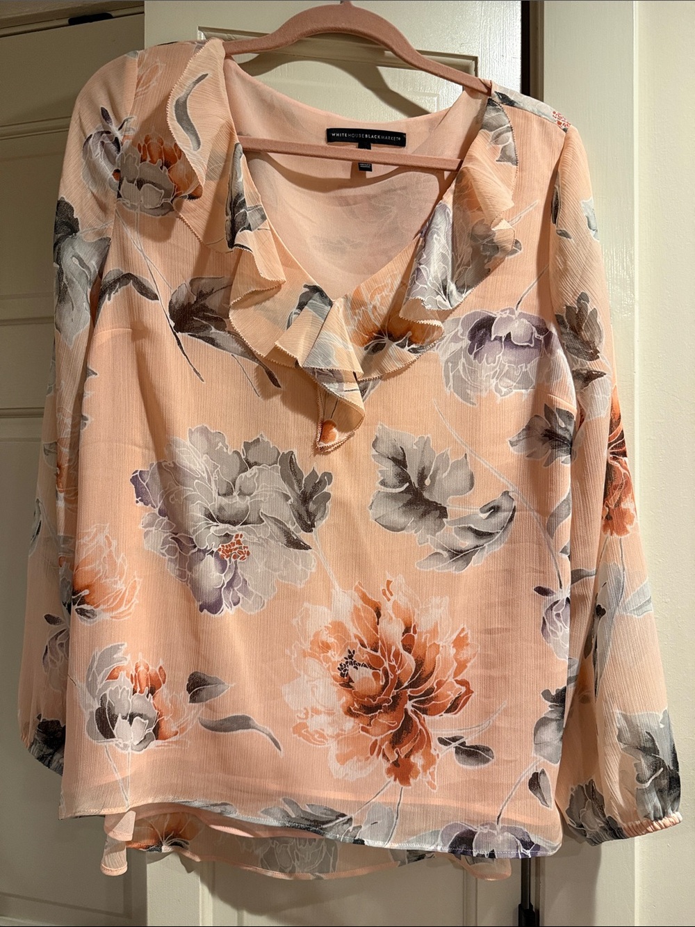 WHBM Floral Ruffle V-Neck Blouse - Peach